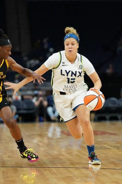 Rachel Banham of the Minnesota Lynx dribbles the ball during the game against the Los Angeles Sparks on September 2, 2021 at Target Center in...