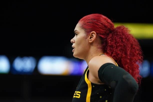Amanda Zahui B of the Los Angeles Sparks looks on during the game against the Minnesota Lynx on September 2, 2021 at Target Center in Minneapolis,...