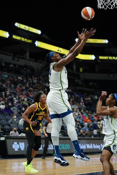 Sylvia Fowles of the Minnesota Lynx rebounds the ball during the game against the Los Angeles Sparks on September 2, 2021 at Target Center in...