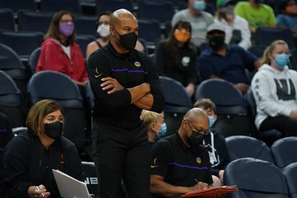 Head Coach Derek Fisher of the Los Angeles Sparks looks on during the game against the Minnesota Lynx on September 2, 2021 at Target Center in...