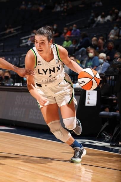 Bridget Carleton of the Minnesota Lynx drives to the basket during the game against the Los Angeles Sparks on September 2, 2021 at Target Center in...