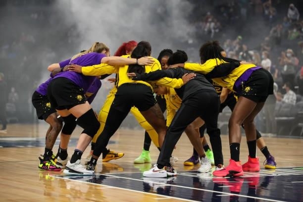 Members of the Los Angeles Sparks huddle before the start of the game against the Minnesota Lynx at Target Center on September 2, 2021 in...