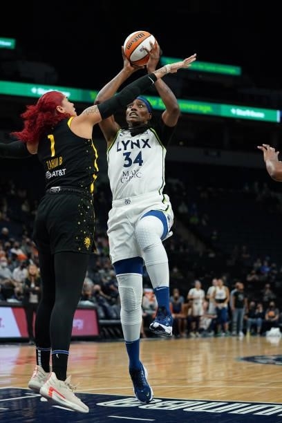 Sylvia Fowles of the Minnesota Lynx shoots the ball during the game against the Los Angeles Sparks on September 2, 2021 at Target Center in...