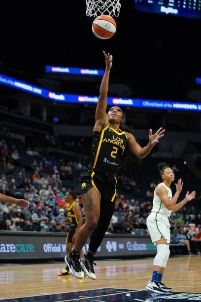 Te'a Cooper of the Los Angeles Sparks shoots the ball during the game against the Minnesota Lynx on September 2, 2021 at Target Center in...