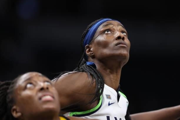 Sylvia Fowles of the Minnesota Lynx looks on during the game against the Los Angeles Sparks on September 2, 2021 at Target Center in Minneapolis,...