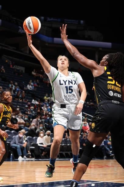 Rachel Banham of the Minnesota Lynx drives to the basket during the game against the Los Angeles Sparks on September 2, 2021 at Target Center in...