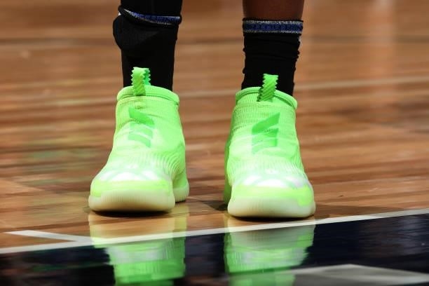 The sneakers worn by Nneka Ogwumike of the Los Angeles Sparks during the game against the Minnesota Lynx on September 2, 2021 at Target Center in...