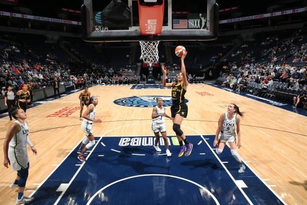 Nia Coffey of the Los Angeles Sparks drives to the basket during the game against the Minnesota Lynx on September 2, 2021 at Target Center in...