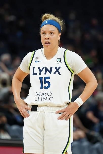 Rachel Banham of the Minnesota Lynx looks on during the game against the Los Angeles Sparks on September 2, 2021 at Target Center in Minneapolis,...