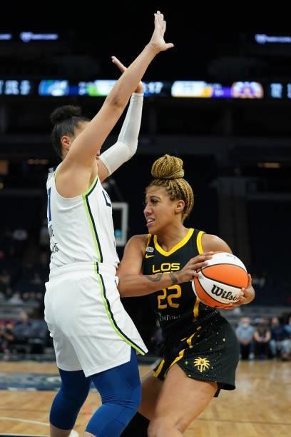 Arella Guirantes of the Los Angeles Sparks handles the ball during the game against the Minnesota Lynx on September 2, 2021 at Target Center in...