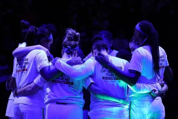 The Minnesota Lynx huddle up before the game against the Los Angeles Sparks on September 2, 2021 at Target Center in Minneapolis, Minnesota. NOTE TO...