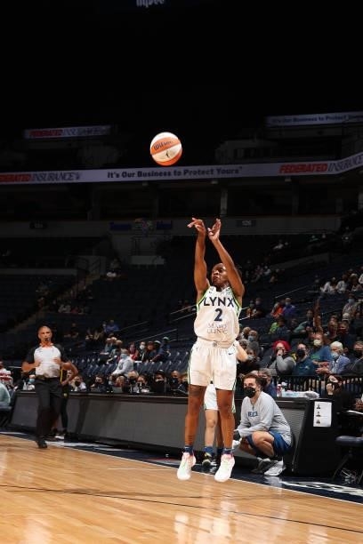 Crystal Dangerfield of the Minnesota Lynx shoots a three point basket during the game against the Los Angeles Sparks on September 2, 2021 at Target...