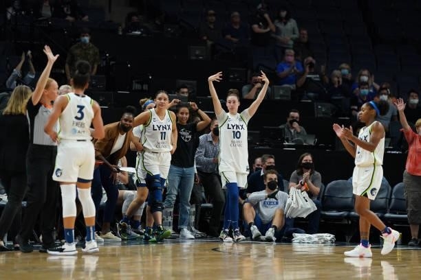 Jessica Shepard and the Minnesota Lynx celebrate during the game against the Los Angeles Sparks on September 2, 2021 at Target Center in Minneapolis,...
