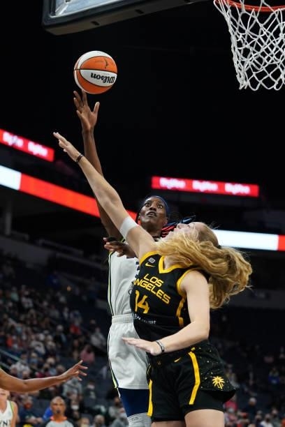 Sylvia Fowles of the Minnesota Lynx shoots the ball during the game against the Los Angeles Sparks on September 2, 2021 at Target Center in...