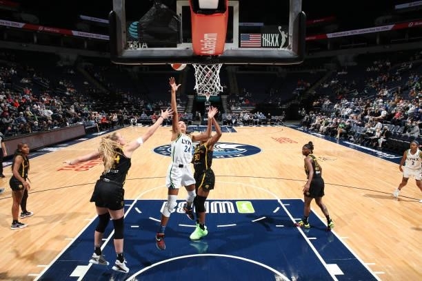 Napheesa Collier of the Minnesota Lynx drives to the basket during the game against the Los Angeles Sparks on September 2, 2021 at Target Center in...