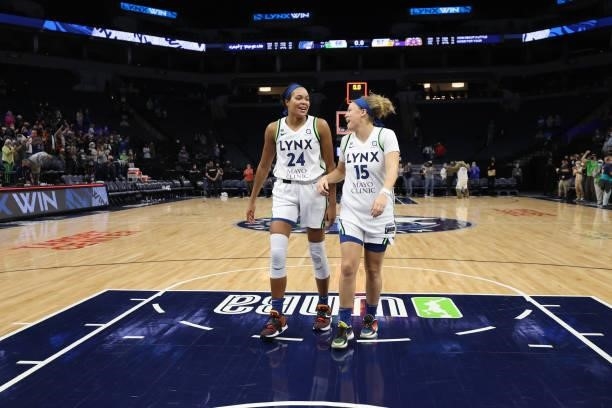 Napheesa Collier and Rachel Banham of the Minnesota Lynx embrace after the game against the Los Angeles Sparks on September 2, 2021 at Target Center...
