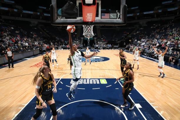 Sylvia Fowles of the Minnesota Lynx drives to the basket during the game against the Los Angeles Sparks on September 2, 2021 at Target Center in...
