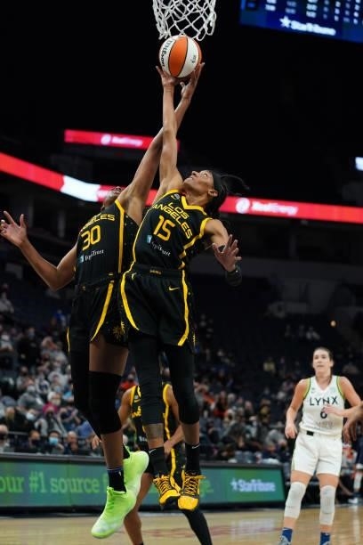 Brittney Sykes of the Los Angeles Sparks reaches for the rebound during the game against the Minnesota Lynx on September 2, 2021 at Target Center in...
