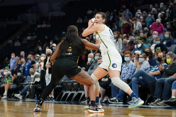 Bridget Carleton of the Minnesota Lynx handles the ball during the game against the Los Angeles Sparks on September 2, 2021 at Target Center in...
