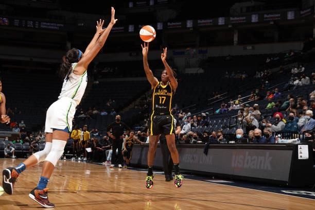 Erica Wheeler of the Los Angeles Sparks shoots a three point basket during the game against the Minnesota Lynx on September 2, 2021 at Target Center...