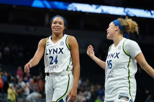 Rachel Banham celebrates with Napheesa Collier of the Minnesota Lynx after the game against the Los Angeles Sparks on September 2, 2021 at Target...