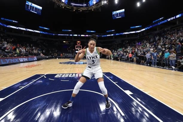 Aerial Powers of the Minnesota Lynx celebrates after the game against the Los Angeles Sparks on September 2, 2021 at Target Center in Minneapolis,...