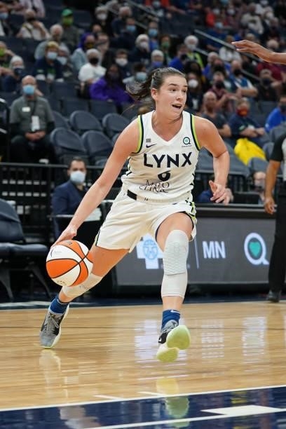 Bridget Carleton of the Minnesota Lynx dribbles the ball during the game against the Los Angeles Sparks on September 2, 2021 at Target Center in...