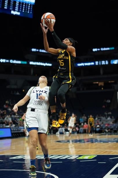 Brittney Sykes of the Los Angeles Sparks drives to the basket during the game against the Minnesota Lynx on September 2, 2021 at Target Center in...