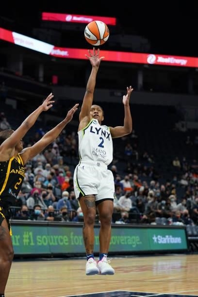 Crystal Dangerfield of the Minnesota Lynx shoots the ball during the game against the Los Angeles Sparks on September 2, 2021 at Target Center in...