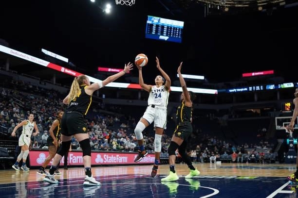 Napheesa Collier of the Minnesota Lynx shoots the ball during the game against the Los Angeles Sparks on September 2, 2021 at Target Center in...