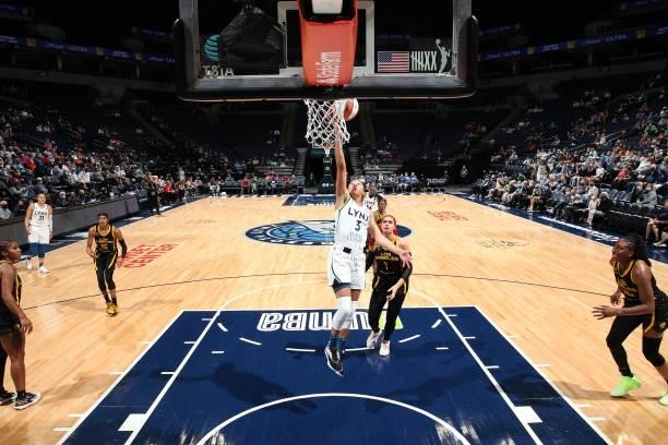 Aerial Powers of the Minnesota Lynx drives to the basket during the game against the Los Angeles Sparks on September 2, 2021 at Target Center in...