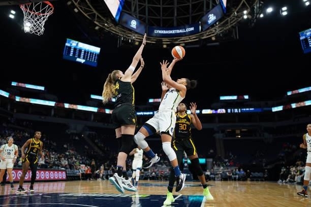 Aerial Powers of the Minnesota Lynx shoots the ball during the game against the Los Angeles Sparks on September 2, 2021 at Target Center in...
