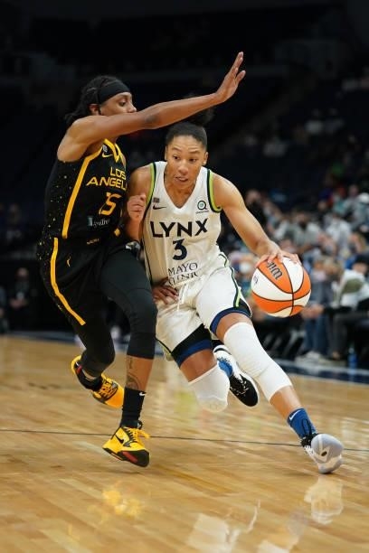 Aerial Powers of the Minnesota Lynx dribbles the ball during the game against the Los Angeles Sparks on September 2, 2021 at Target Center in...