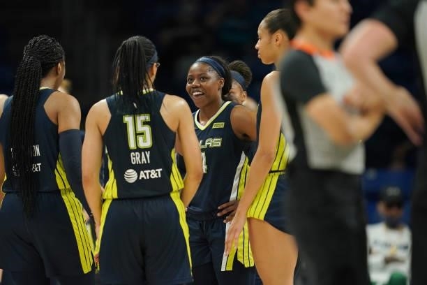 Arike Ogunbowale of the Dallas Wings smiles after the game against the Atlanta Dream on September 2, 2021 at the College Park Center in Arlington,...