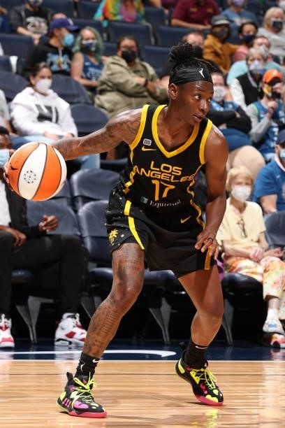 Erica Wheeler of the Los Angeles Sparks drives to the basket during the game against the Minnesota Lynx on September 2, 2021 at Target Center in...