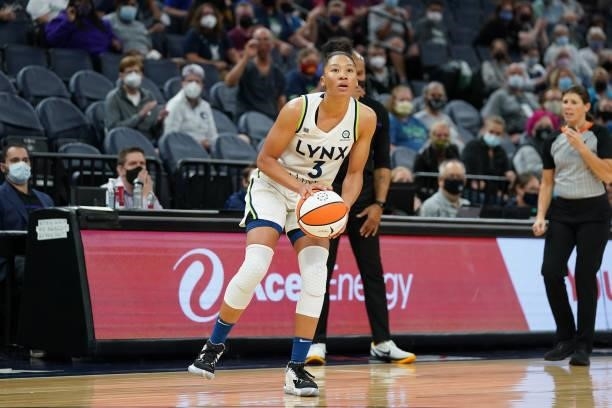 Aerial Powers of the Minnesota Lynx shoots a three point basket during the game against the Los Angeles Sparks on September 2, 2021 at Target Center...