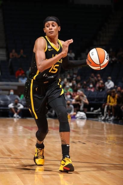 Brittney Sykes of the Los Angeles Sparks dribbles the ball during the game against the Minnesota Lynx on September 2, 2021 at Target Center in...