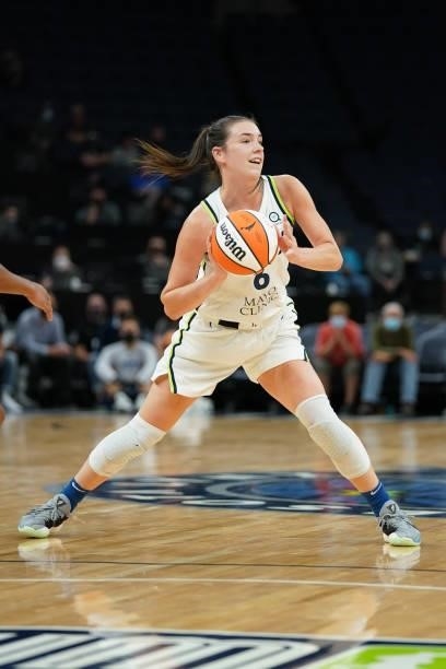 Bridget Carleton of the Minnesota Lynx passes the ball during the game against the Los Angeles Sparks on September 2, 2021 at Target Center in...