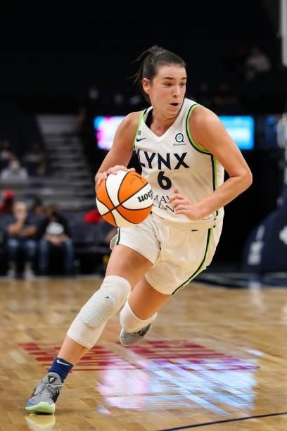 Bridget Carleton of the Minnesota Lynx drives to the basket against the Los Angeles Sparks in the second half of the game at Target Center on...
