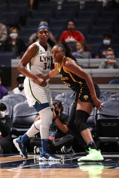 Nneka Ogwumike of the Los Angeles Sparks plays defense on Sylvia Fowles of the Minnesota Lynx during the game on September 2, 2021 at Target Center...