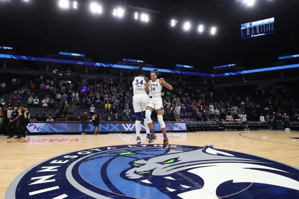 Sylvia Fowles and Napheesa Collier of the Minnesota Lynx celebrate after the game against the Los Angeles Sparks on September 2, 2021 at Target...
