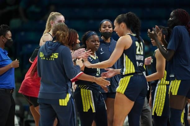 The Dallas Wings celebrate after the game against the Atlanta Dream on September 2, 2021 at the College Park Center in Arlington, Texas. NOTE TO...
