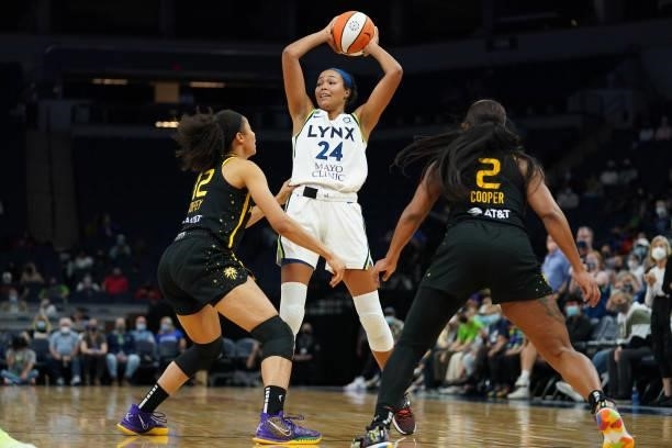 Napheesa Collier of the Minnesota Lynx handles the ball during the game against the Los Angeles Sparks on September 2, 2021 at Target Center in...
