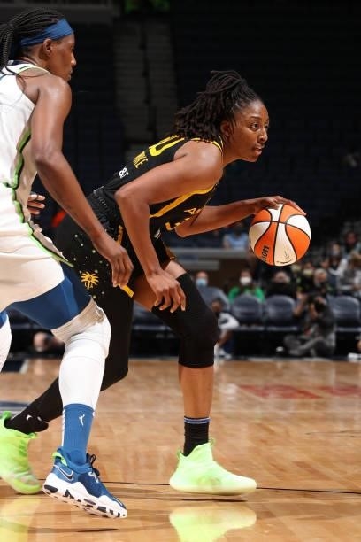 Nneka Ogwumike of the Los Angeles Sparks dribbles the ball during the game against the Minnesota Lynx on September 2, 2021 at Target Center in...