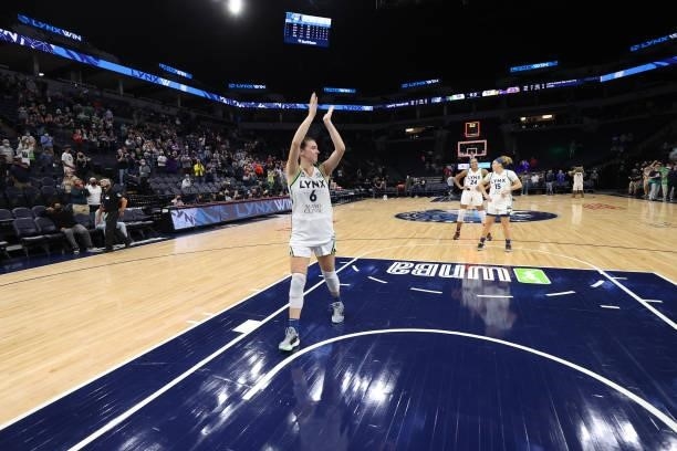 Bridget Carleton of the Minnesota Lynx celebrates after the game against the Los Angeles Sparks on September 2, 2021 at Target Center in Minneapolis,...