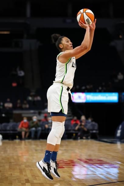 Aerial Powers of the Minnesota Lynx shoots a three-point shot against the Los Angeles Sparks in the second half of the game at Target Center on...