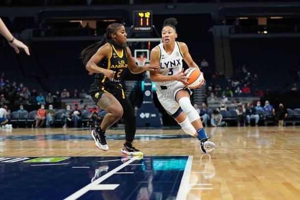 Aerial Powers of the Minnesota Lynx drives to the basket during the game against the Los Angeles Sparks on September 2, 2021 at Target Center in...
