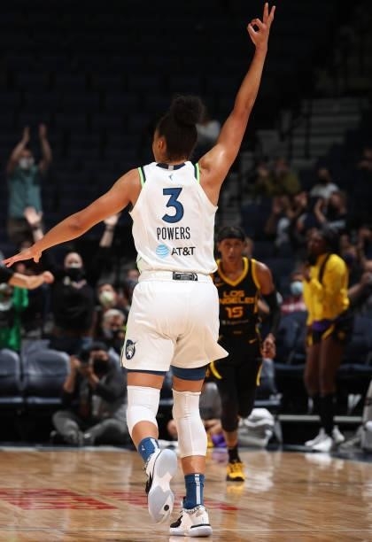 Aerial Powers of the Minnesota Lynx celebrates a three point basket during the game against the Los Angeles Sparks on September 2, 2021 at Target...