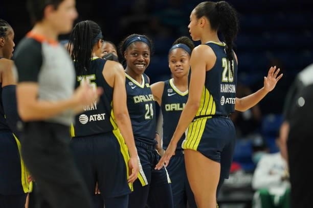 Arike Ogunbowale of the Dallas Wings smiles after the game against the Atlanta Dream on September 2, 2021 at the College Park Center in Arlington,...