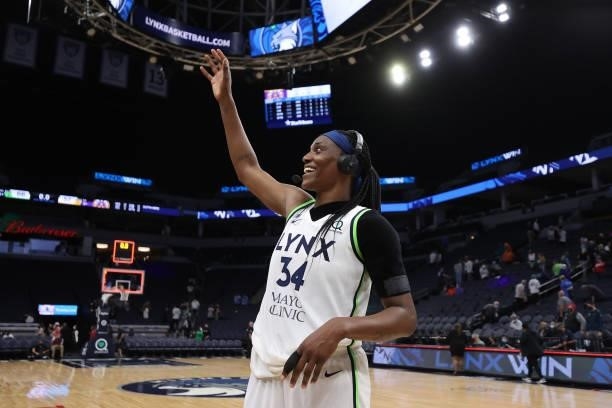 Sylvia Fowles of the Minnesota Lynx is interviewed after the game against the Los Angeles Sparks on September 2, 2021 at Target Center in...